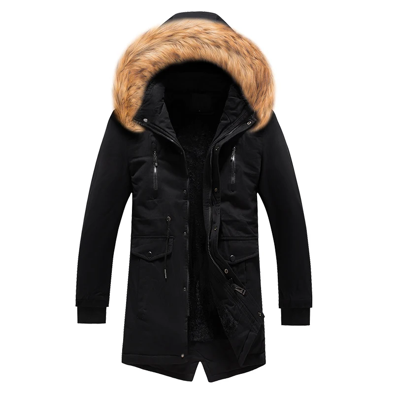 Модная уличная одежда, зимняя куртка для мужчин, меховой воротник, толстый бархат, длинный Тренч, пальто с капюшоном, теплая Мужская парка, повседневная верхняя одежда, ветровка - Цвет: Черный