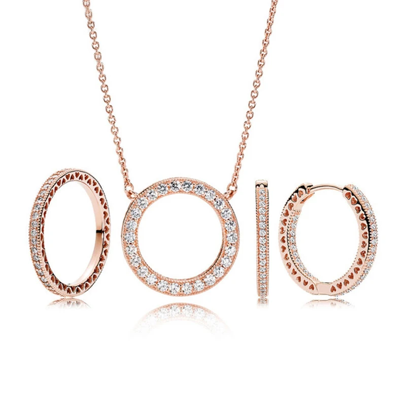 

Fashion Charms 925 Sterling Silver Original Round Rose Necklace Rings Suit For Women Jewelry Gift Wholesale Factory