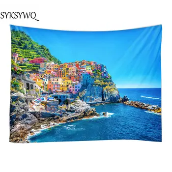 

seaside fishing village tapestry wall hanging blue sky scenic tapestries bedspread picnic bedsheet blanket
