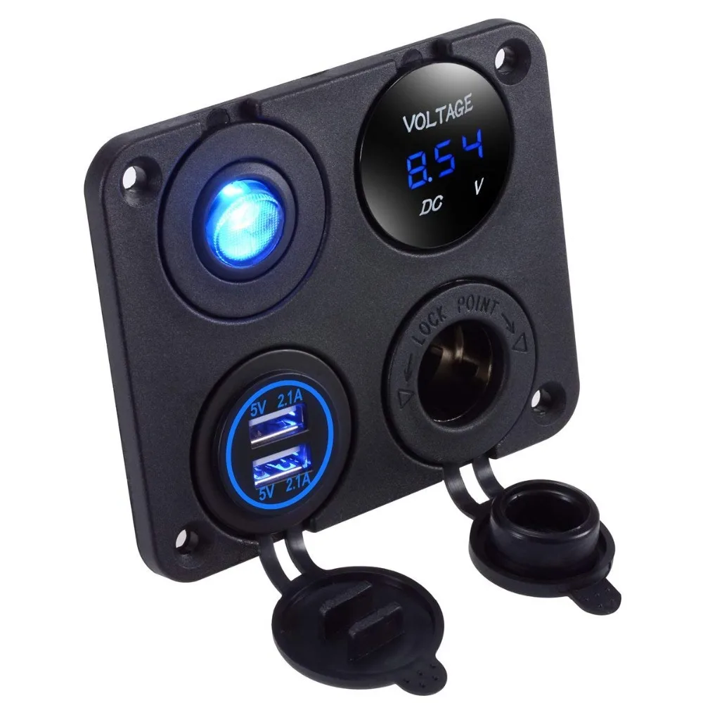 Dual USB Socket Charger 2.1A & 2.1A+LED Voltmeter+12V Power Outlet+ON