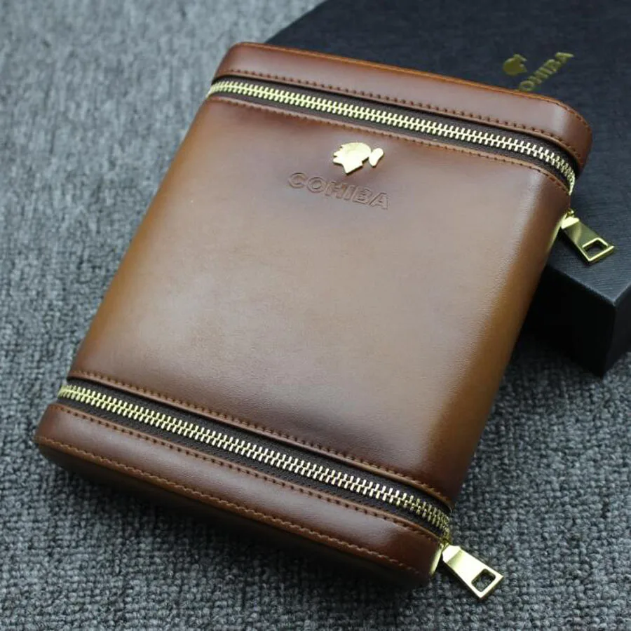 

Cool COHIBA Brown Leather Spanish Cedar Lined Cigar Case Holder Humidor 6 Tube Count Portable Travel Cigar Case Bag & Pouch Box