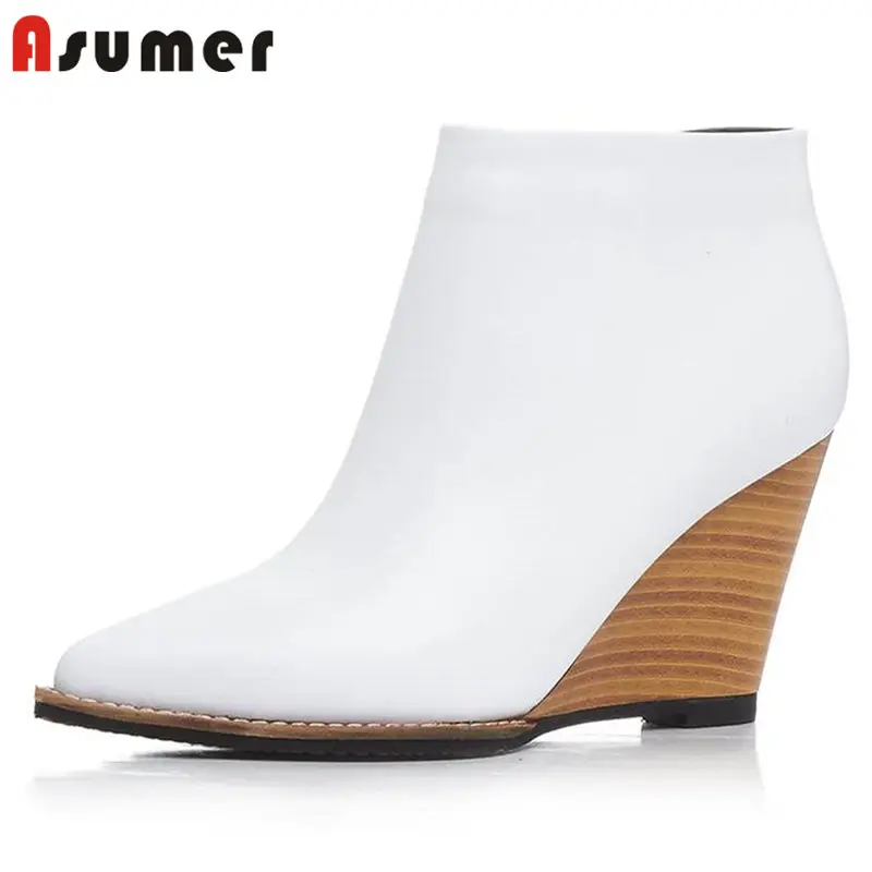 

ASUMER HOT 2018 fashion genuine leather wedges ankle boots women pointed toe zipper spring autumn boots casual party shoes