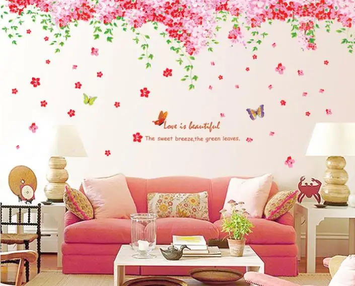 

large romantic pink sakura wall stickers mural home decor cherry blossoms tree wall decal home living room decoration