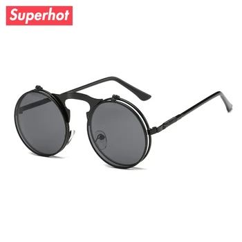 

Superhot Eyewear - Round Flip Up Steampunk Sunglasses Men Women Punk Sun glasses Metal Retro Vintage Goggle Shades UV400 SP3507