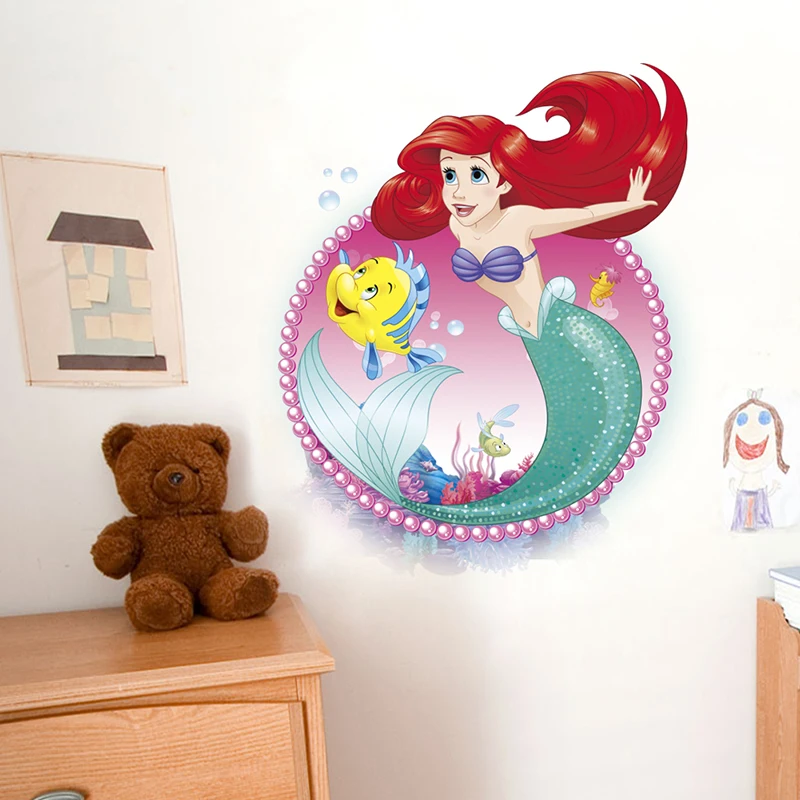 Cartoon Disney Mermaid Ariel Princess Wall Stickers For Girls Room Bathroom Home Decor Waterproof PVC Poster Kids Wall Art Decal