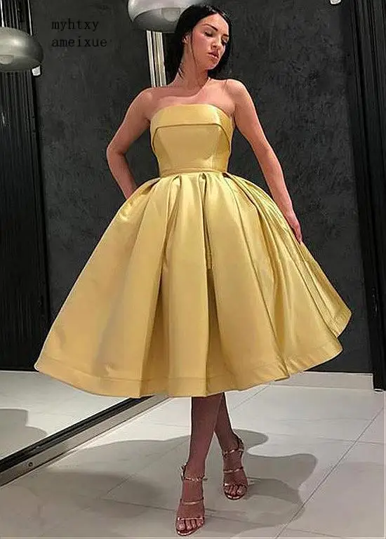 

Gold Short Wedding Dress 2019 Strapless Tea Length Boho A Line Puffy Satin Plus Size Arabic Wedding Gowns Bohemian Wedding Dress