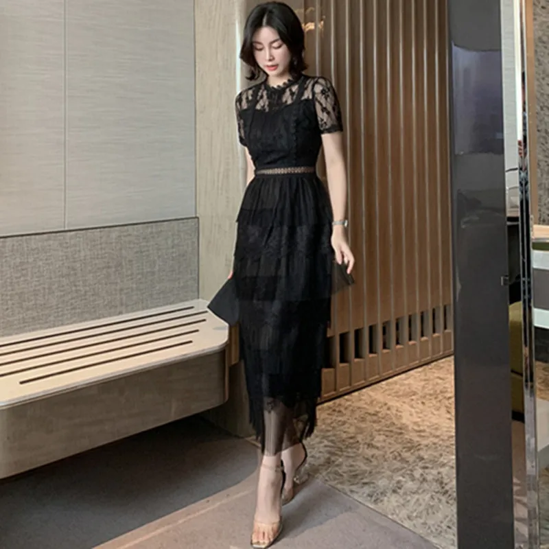 

Summer Elegant Black A-Line Dresses Women Office Sexy Party Midi Bandage Ladies Dress O Neck Short Sleeve Lace Dress Vestidos