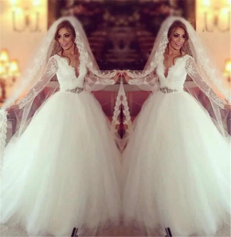 

New Long Sleeve Lace Wedding Dresses V Neck Ball Gown Appliqued Beaded Organza Bridal Dress Vestidos De Noiva Nova Bridal PB98