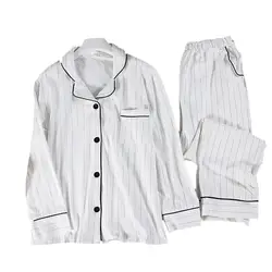 Женский пижамный комплект в белую полоску Повседневная Хлопковая пижама с длинным рукавом костюм 2 шт. Сексуальная Весенняя домашняя