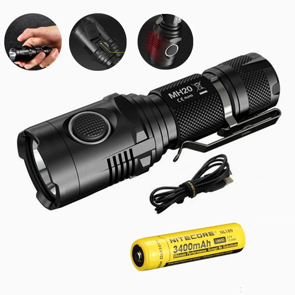 Nitecore MH20 MH20W портативный фонарик с Nitecore Nl189 18650 3400 мАч батарея XM-L2 1000 Люмен usb зарядка кемпинг свет