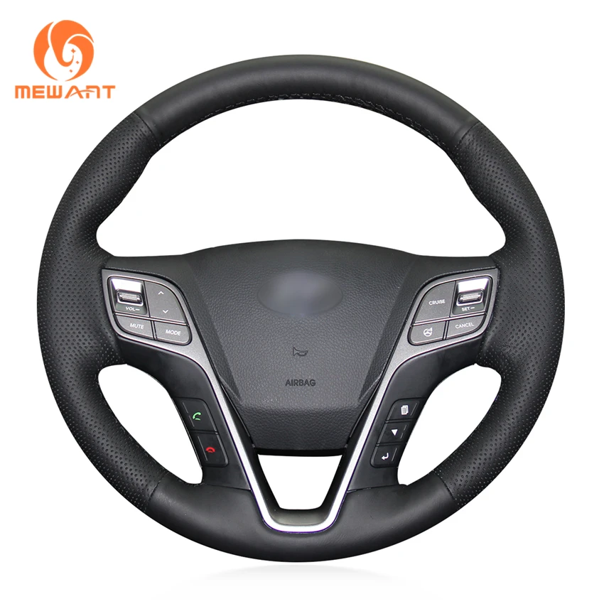 

MEWANT Black Genuine Leather Hand Sew Wrap Car Steering Wheel Cover for Hyundai Santa Fe 2013-2018 ix45 2013 2014 2015 2016