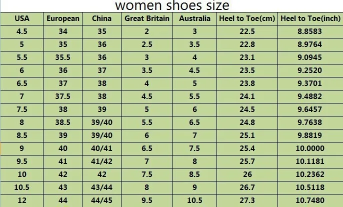 chinese foot size to european