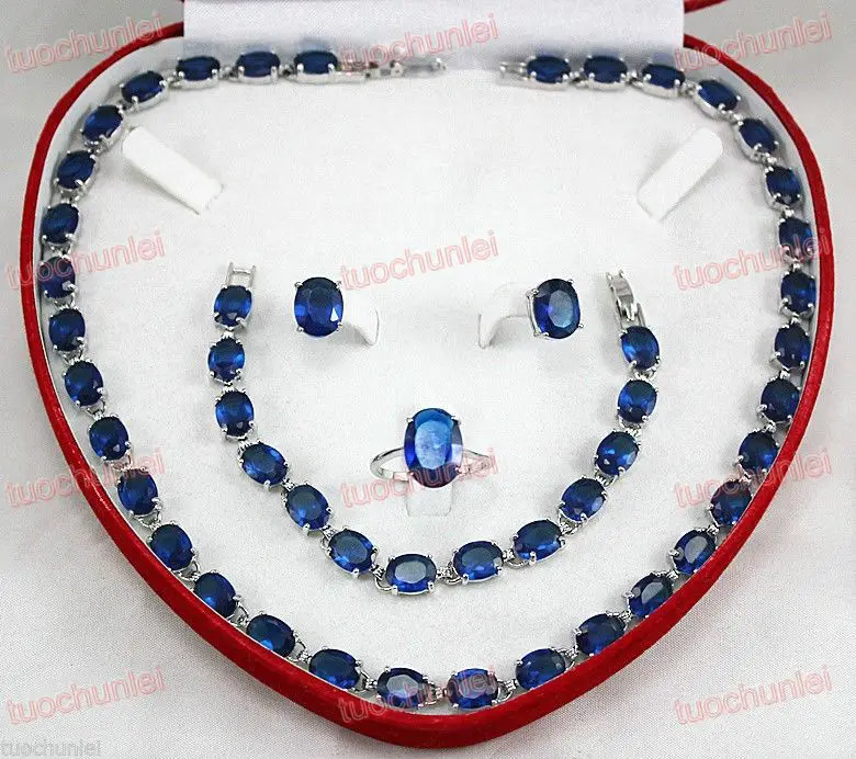

free shipping>>> GP Blue Zircon Gem Inlay necklace bracelet ring earring Lady's Jewelry set-SGDSFGDGftytyXCVXFD
