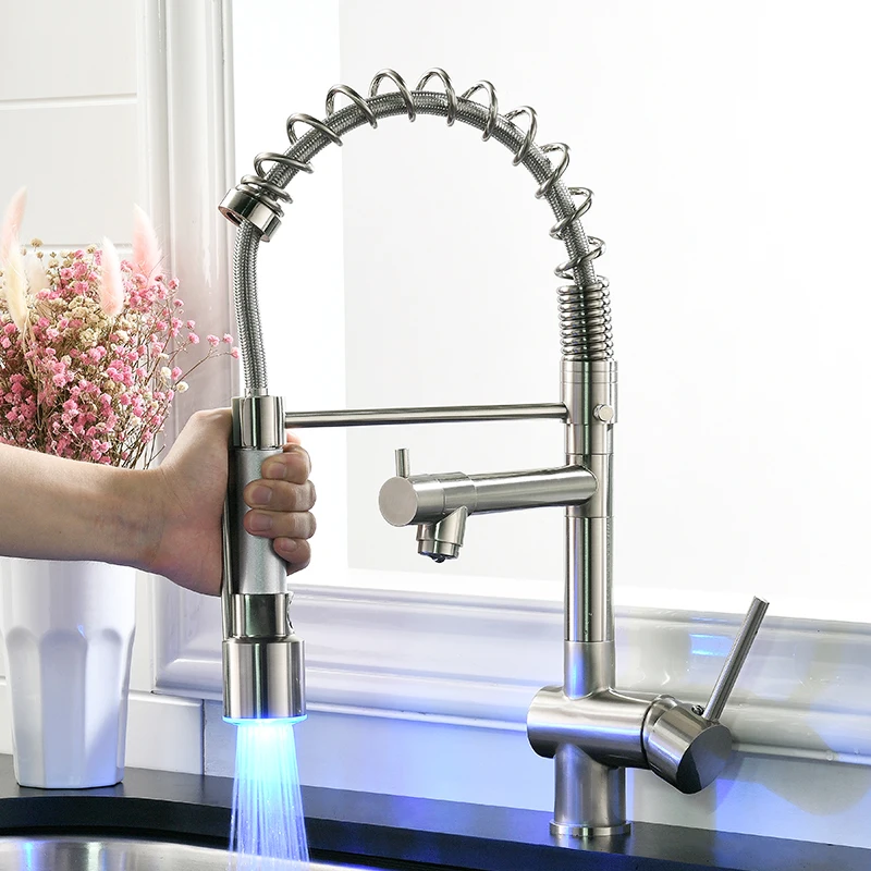 FLG Kitchen Faucet Pull Down Swivel 360 Hot &Cold Brass Water Tap Sink Torneira Cozinha Faucet Brushed Nickel Mixer Tap FLG Kitchen Faucet Pull Down Swivel 360 Hot &Cold Brass Water Tap Sink Torneira Cozinha Faucet Brushed Nickel Mixer Tap