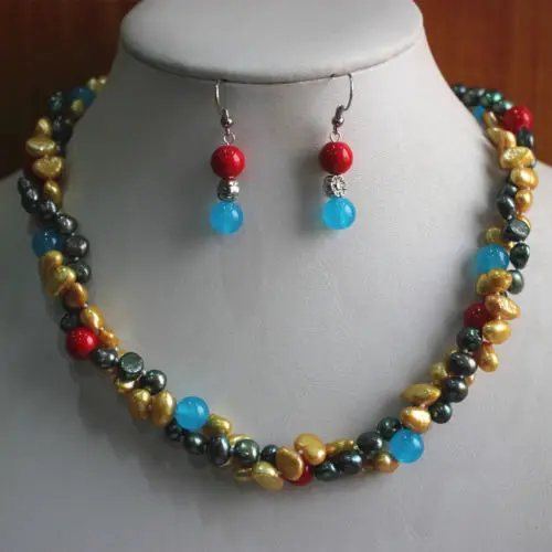 

charm Jew.657 Charming2Rows Mixed Colors Pearl/Green Jade Earring Necklace Pendant Jewelry Set (A0423) -Top quality free shippin