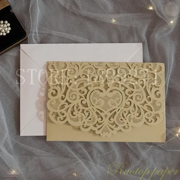 

Modern Champgne Gold heart style Laser Cut Pocket Wedding Invitation Suite free design/printing