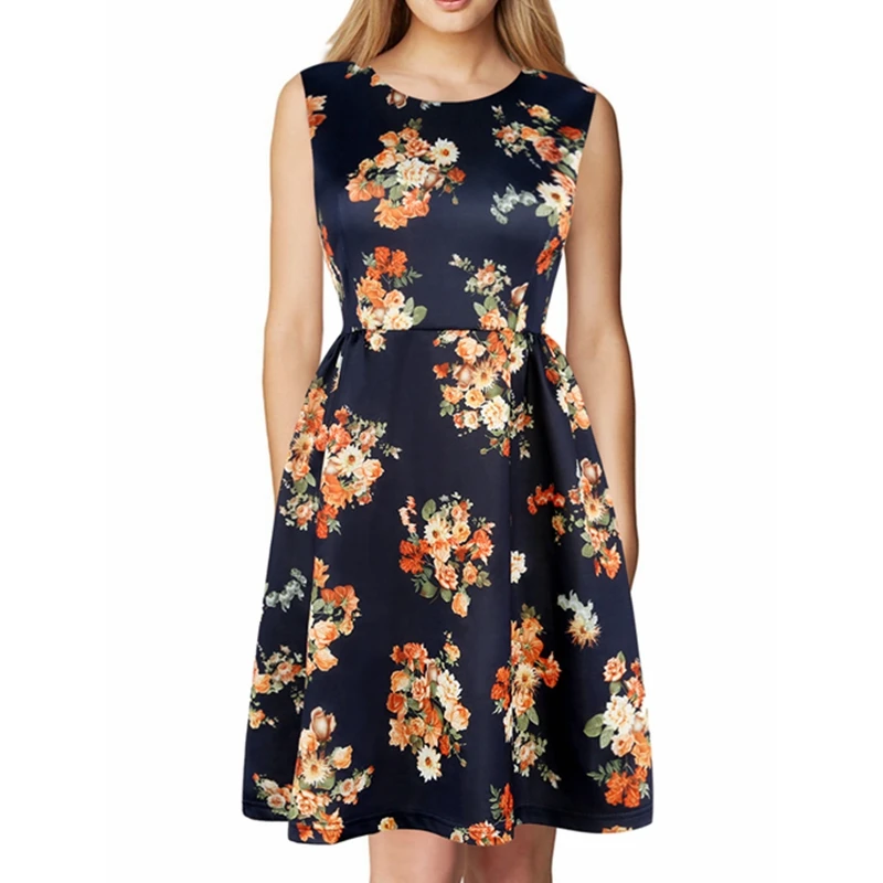 Для женщин новые летние модные Printed A Line Dress платье без рукавов с круглым вырезом