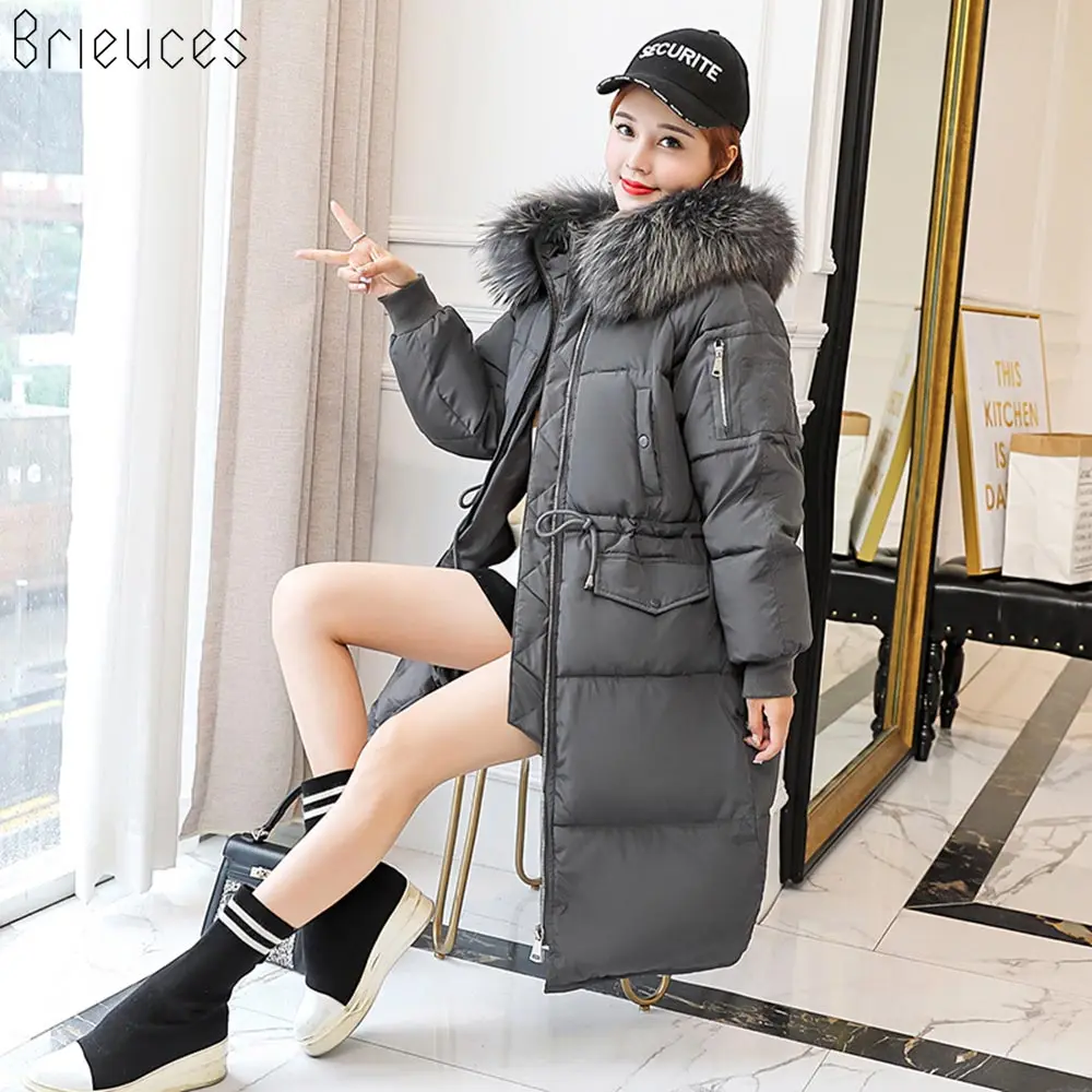 Brieuces Big Fur 2018 Long Parkas Female Women Winter Coat Thick Down Cotton Winter Jacket Womens Outwear Parkas for Women