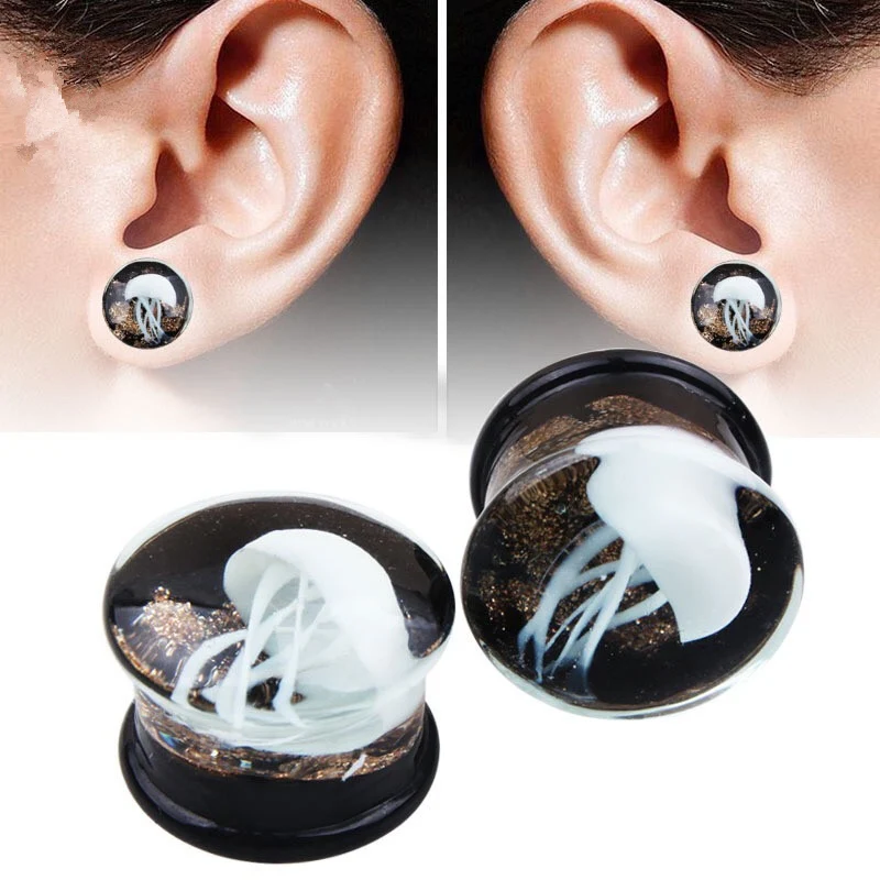 

2PCS Fashion Red Glass Jellyfish Ear Gauges Plugs Tunnels Screw Fit Expansion White Ear Stretched Piercing Tunnels Body Jewelry