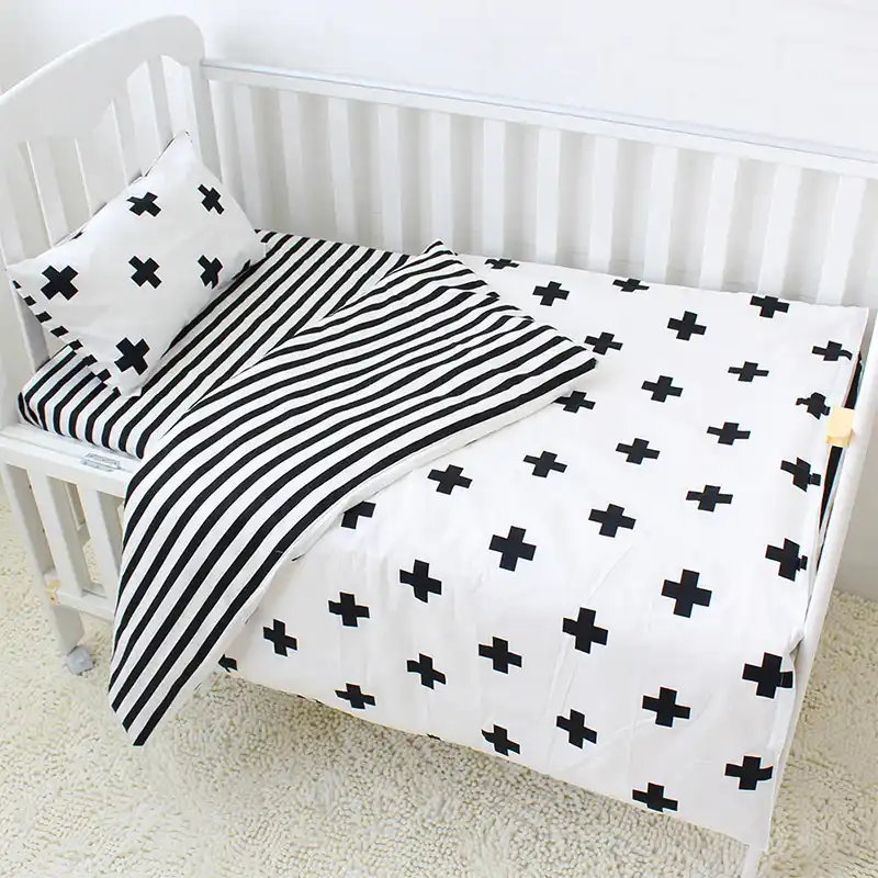 3pcs Baby Bedding Set Cotton Crib Sets Black White Stripe Cross