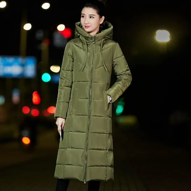 Супер теплый толстый размера плюс 6XL женский пуховик с капюшоном Длинная однотонная зимняя куртка Женское пальто Женская парка на молнии модная новинка - Цвет: Армейский зеленый