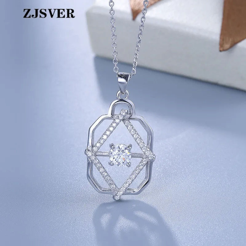 

ZJSVER Fine Jewelry 925 Sterling Silver Necklace Geometric Hollow Zircon Pendant Simple Silver Clavicle Chain Women Necklace
