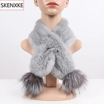 

New Fashion With Fox Fur Pompoms Real Fur Scarf Women Solid Knitted 100% Natural Rex Rabbit Fur Scarves Winter Fur Neckerchief