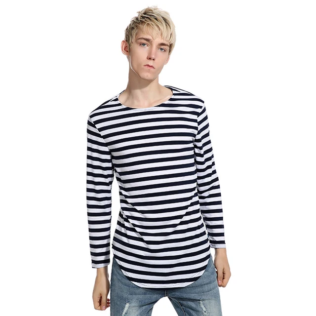Extra Long T Shirt Men 2017 Striped Longline Men T Shirt Casual Long