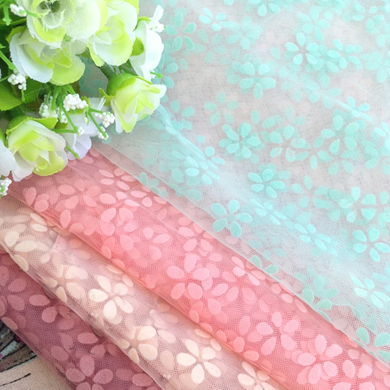 

2 yards/lot Flocking floret soft gauze veil fabric for Bubble Skirt, DIY wedding dress, lace fabric for Patchwork Quilt Sewing