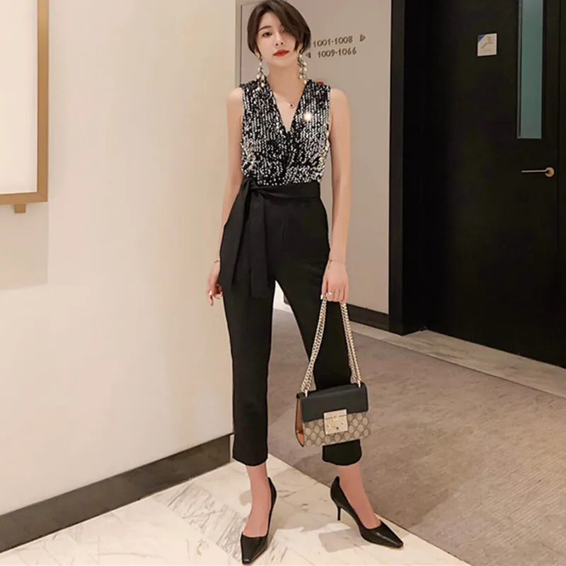 summer-deep-v-neck-sleeveless-sashes-classy-pencil-rompers-workwear-jumpsuits-lady-elegant-black-wrap-patchwork-sequin-jumpsuit