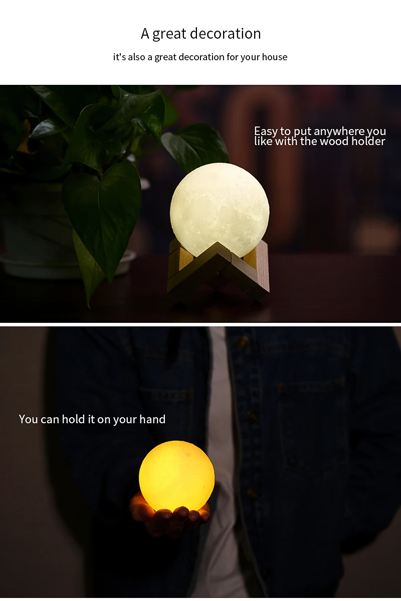 Перезаряжаемая USB лампа с 3D принтом Луны, 2 цвета, сенсорный ночник для спальни, Настольный светильник, декоративный светильник, креативный подарок, заряжаемый светильник