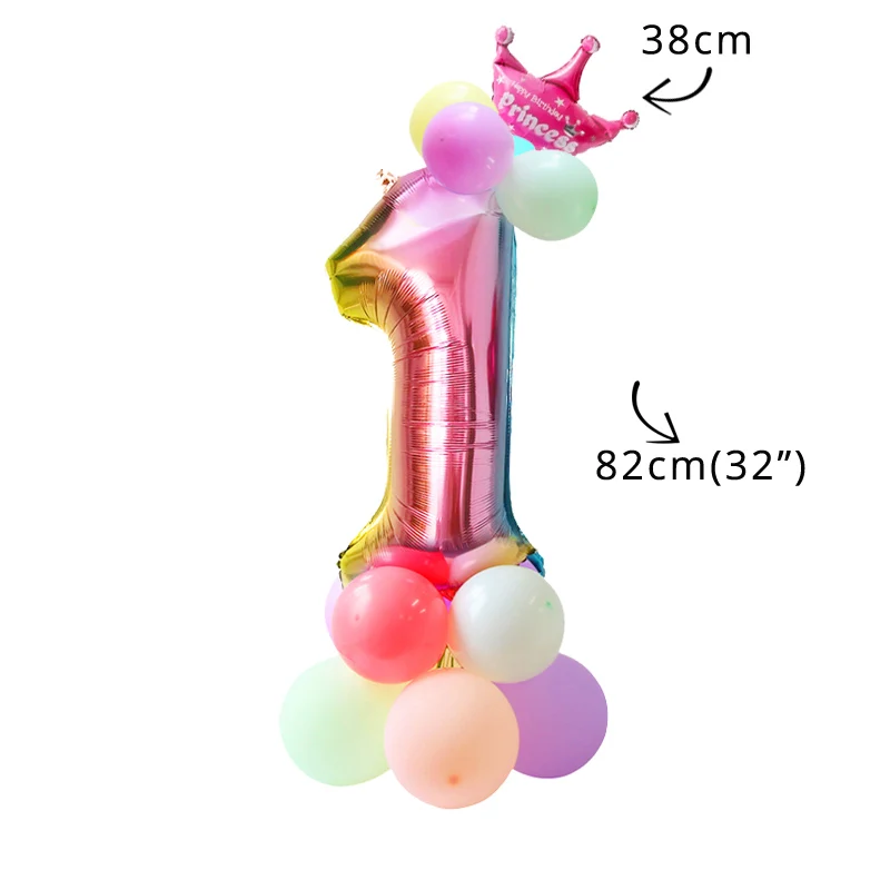 32 дюйма Радуга шара с цифрой Фольга воздушных шаров в форме единорога День рождения Шелковый бант девочка с днем рождения День рождения обруч-украшение для волос в виде короны - Цвет: 32inch number set 1