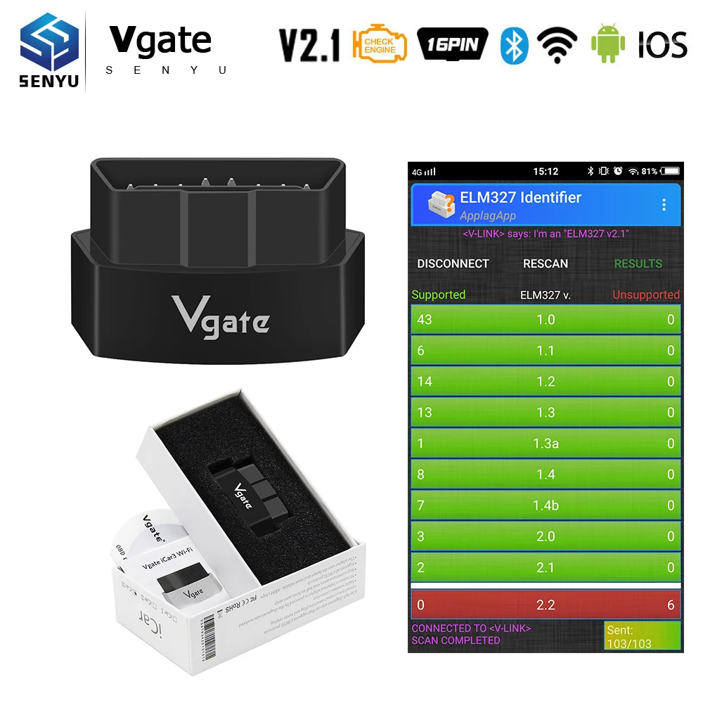 Vgate iCar3 ELM 327 V2.1 OBD2 Bluetooth wifi сканер iCar 3 ELM327 OBD для Android/IOS 2 автомобильный