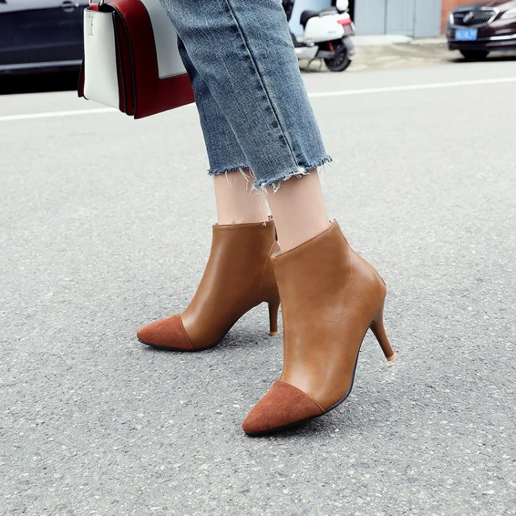 

Big Size 11 12 13 14 15 16 17 Fashion boots with pointed, slim and high heels, zipper and short barrel after color matching