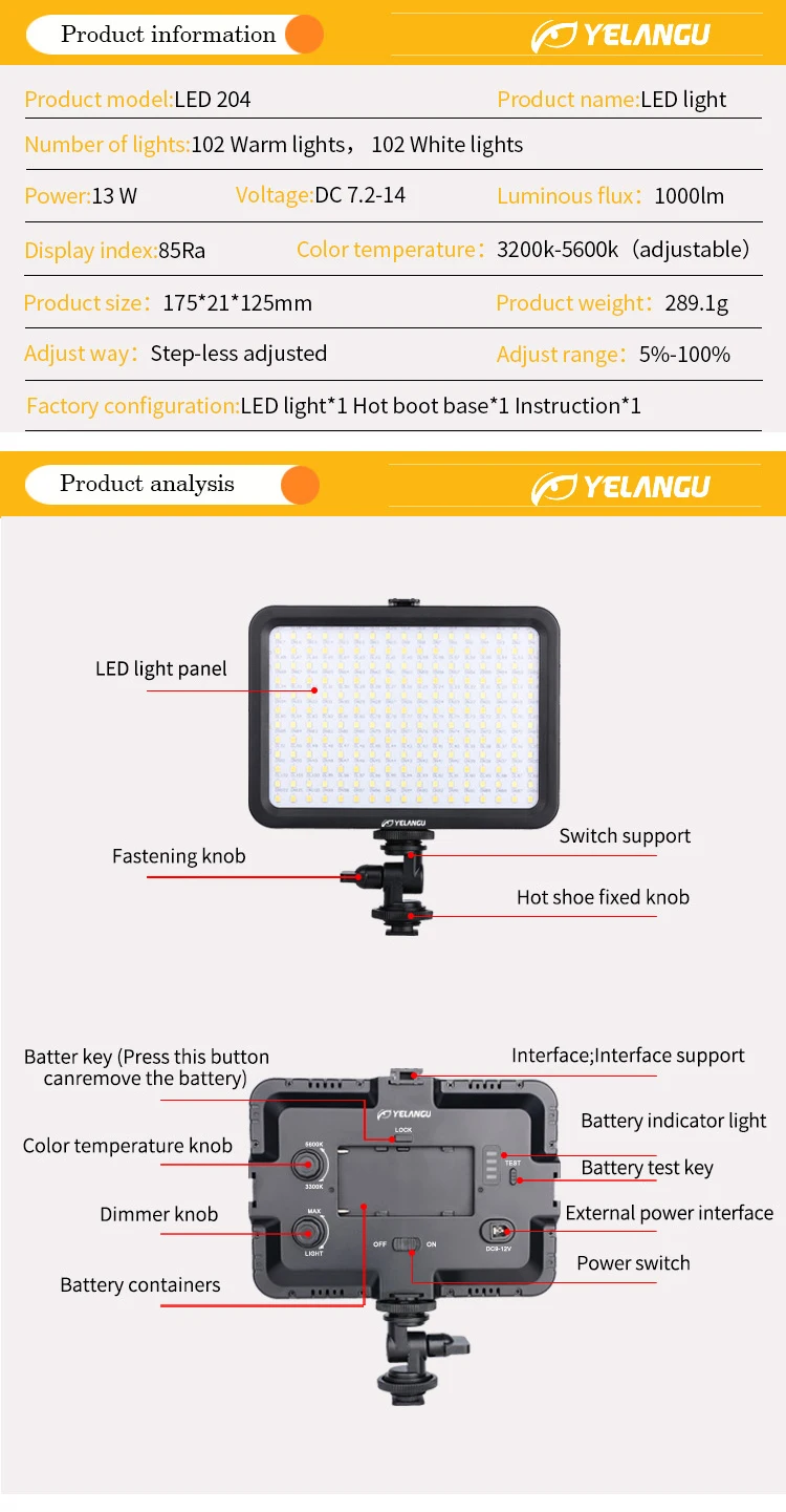 YELANGU 204 светодиодный светильник для видеокамеры 3300-5600K светильник для фотосъемки для Canon Nikon sony цифровая камера студийная фотография