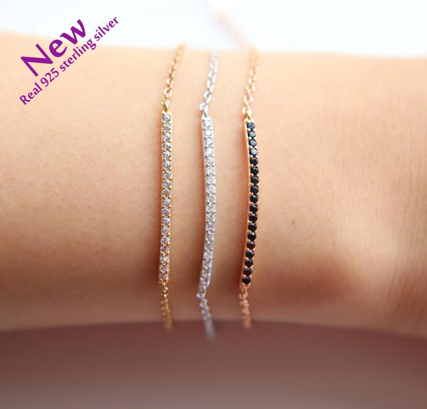 

Simulated Real Box Chain Curve Spike 925 Sterling Bracelet Micro Inlay Aaa Cz Pave Bar Adjustable Size For Man Women 2017 New