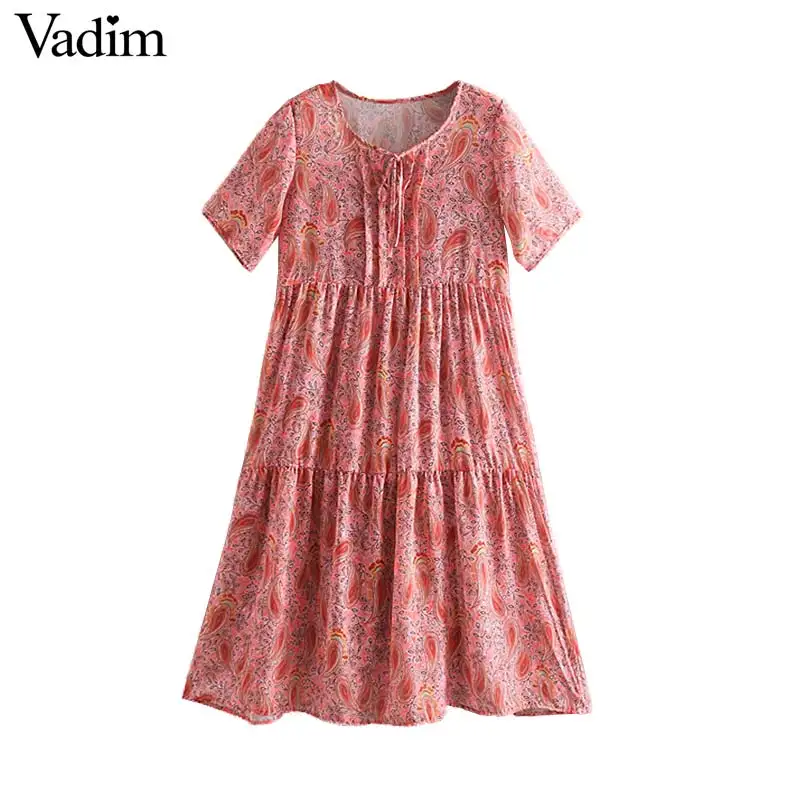 

Vadim women floral print patchwork chiffon midi dress bow tie pleated short sleeve transparent female summer dresses QB727