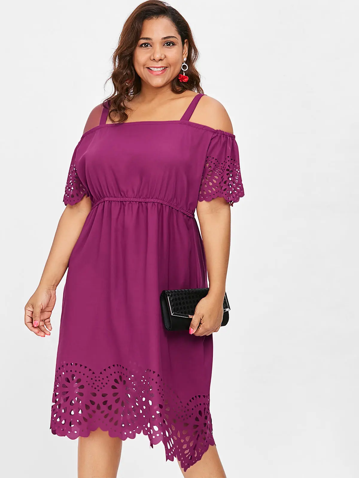 

Wipalo Plus Size 5XL Open Shoulder Cutwork Knee Length Dress Solid Short Sleeves Square Neck Elastic Waist A-Line Dress Vestidos