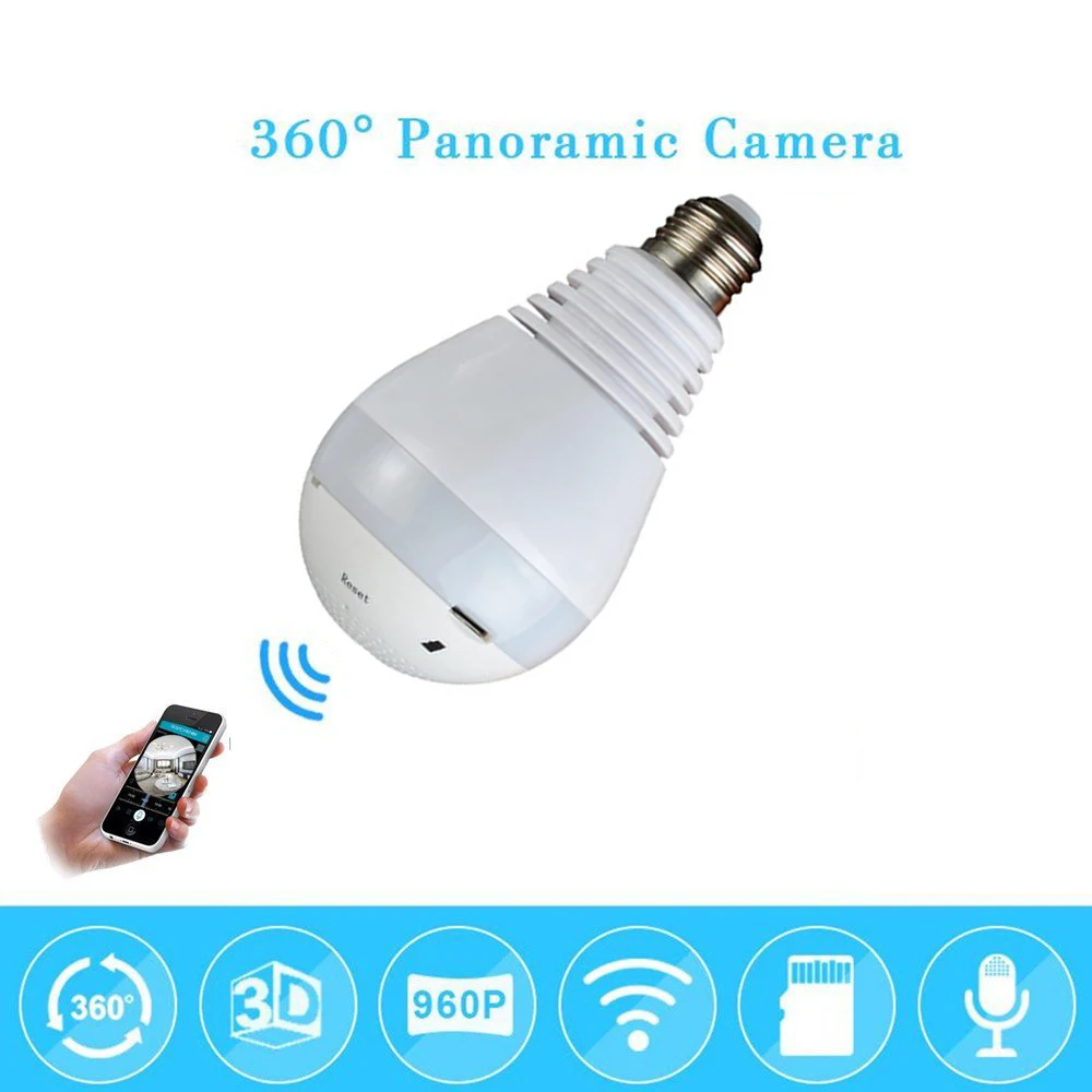 Wi Fi 960P 1080P Беспроводная IP камера с лампочкой рыбий глаз для умного дома CCTV 3D VR МП
