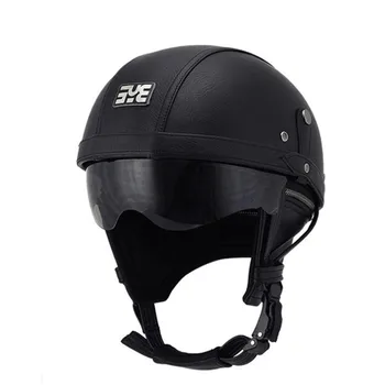 

Leather Helmet BLACK Motorcycle Open Face Half Helmet Chopper Biker Pilot Vespa with dark lens for 55 to 61cm free size