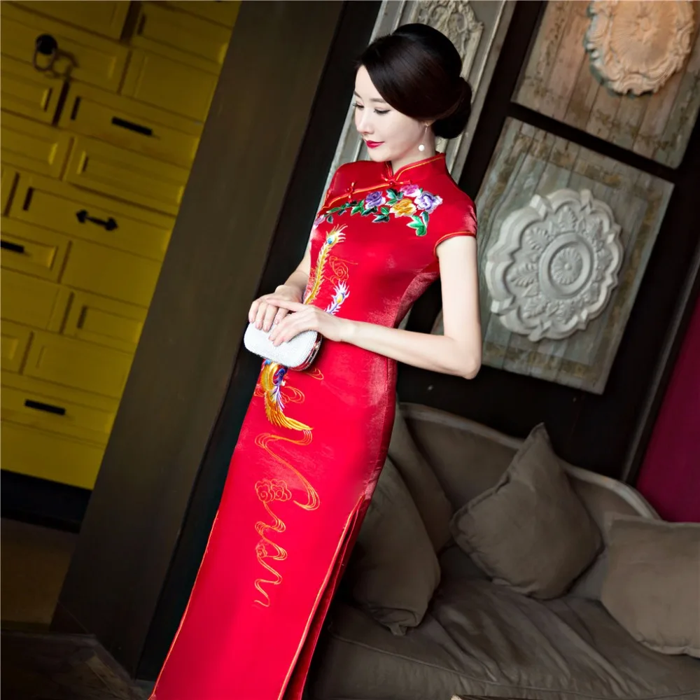 Шанхай история Феникс струйной печати orientaldresses Qipao Для женщин традиционное платье ручной работы Cheongsam Длинные китайское платье красный