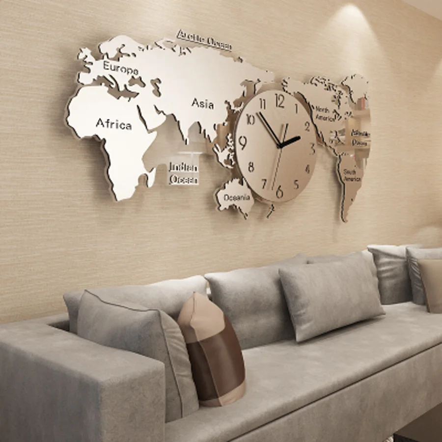 

Large World Map Wall Clock Modern Design Living Room Background 3D Acrylic Stickers Metal Clocks Wall Watch Home Decor 115x55cm