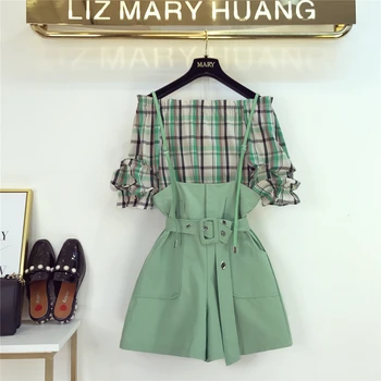 

2019Summer Off Shoulder Plaid Short Sleeve Shirt Top Women +Wide Legs Straps Shorts Suit Ladies High Street Shorts Two Piece Set