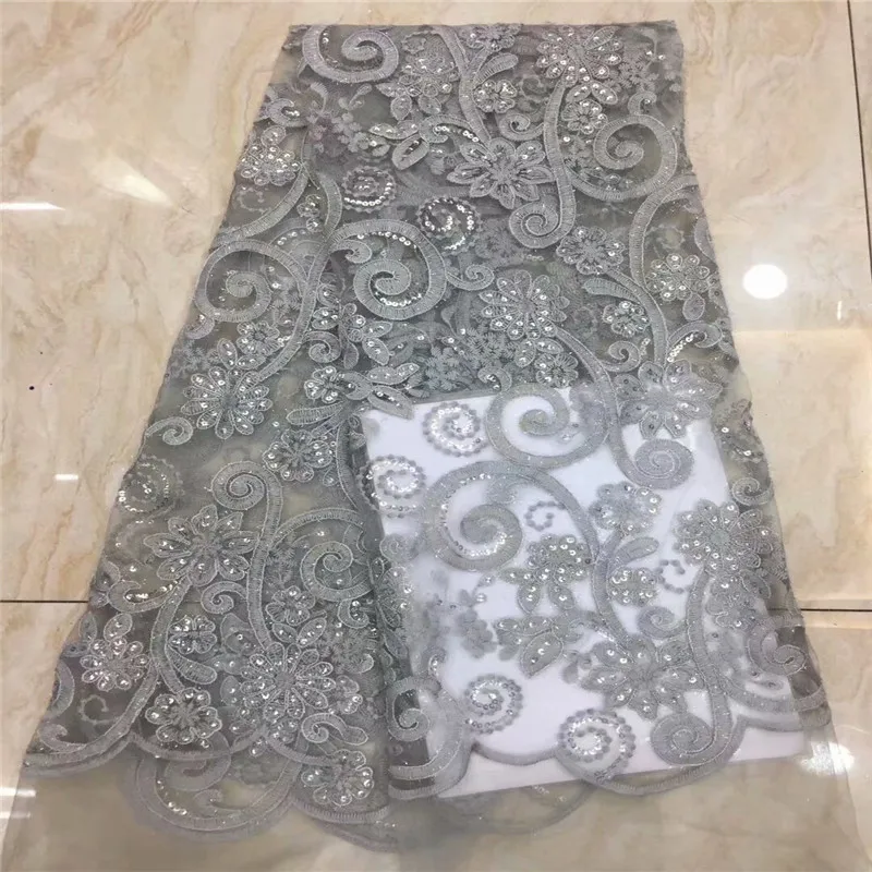 

Gray African French Net Lace Fabric High Quality Nigerian Lace Fabrics with Sequins Lace Fabric for Wedding