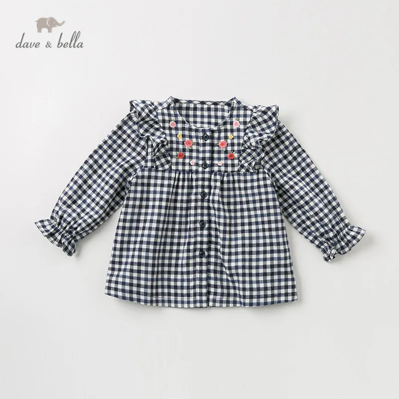 DBM11527 dave bella baby girls autumn t-shirt toddler top children high quality tees plaid clothes