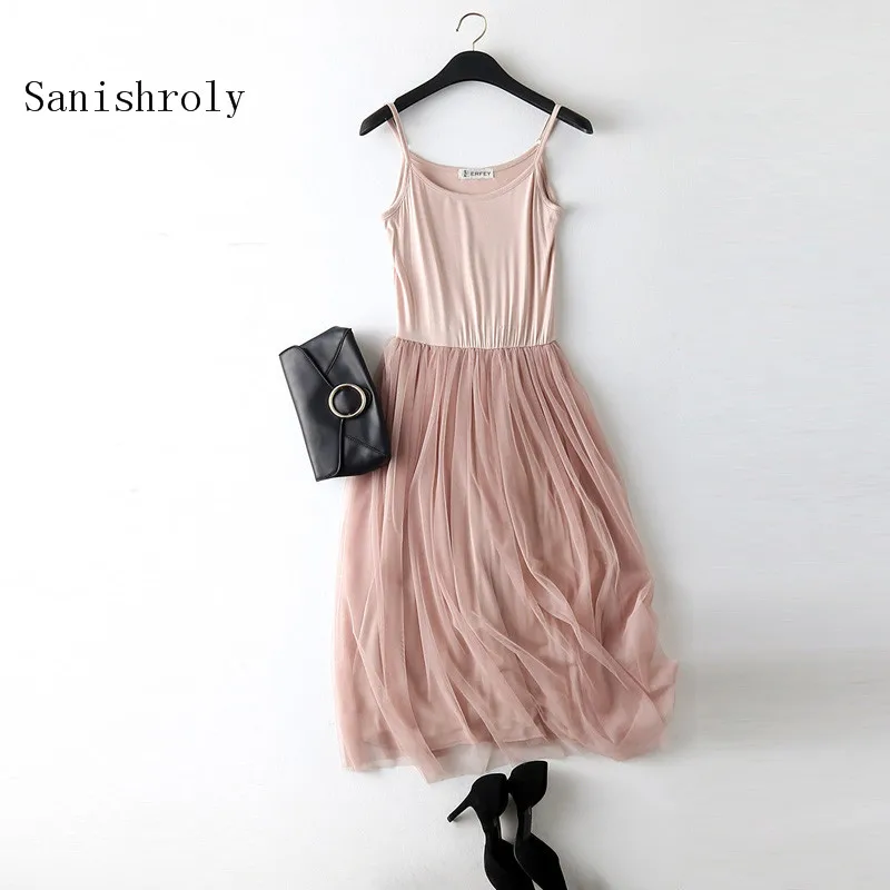 

Sanishroly 2018 Women Summer Dress Spring Modal Patchwork Mesh Dresses Female Gauze Spaghetti Strap Dress Lace Tank Vestidos 015