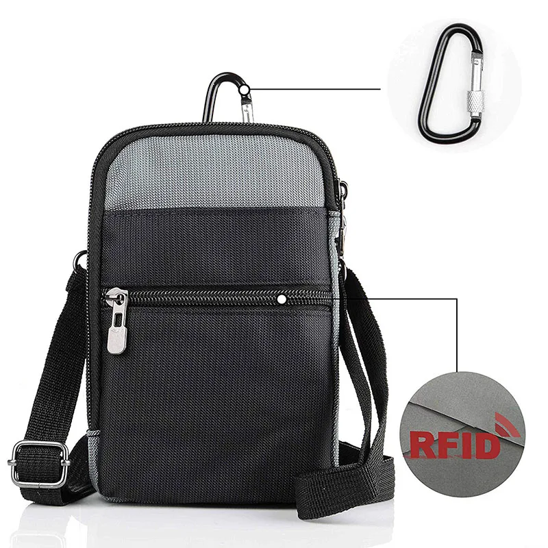 RFID Blocking Card Holder Passport Bag Travel Phone Neck Wallet Shoulder Satchel Crossbody Pouch with Carabiner Waist Pack