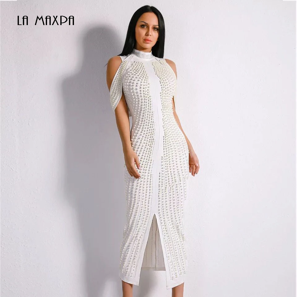 

New fashion show designer women's sleeveless high collar chic beaded diamond open celebrity party dress vestidos