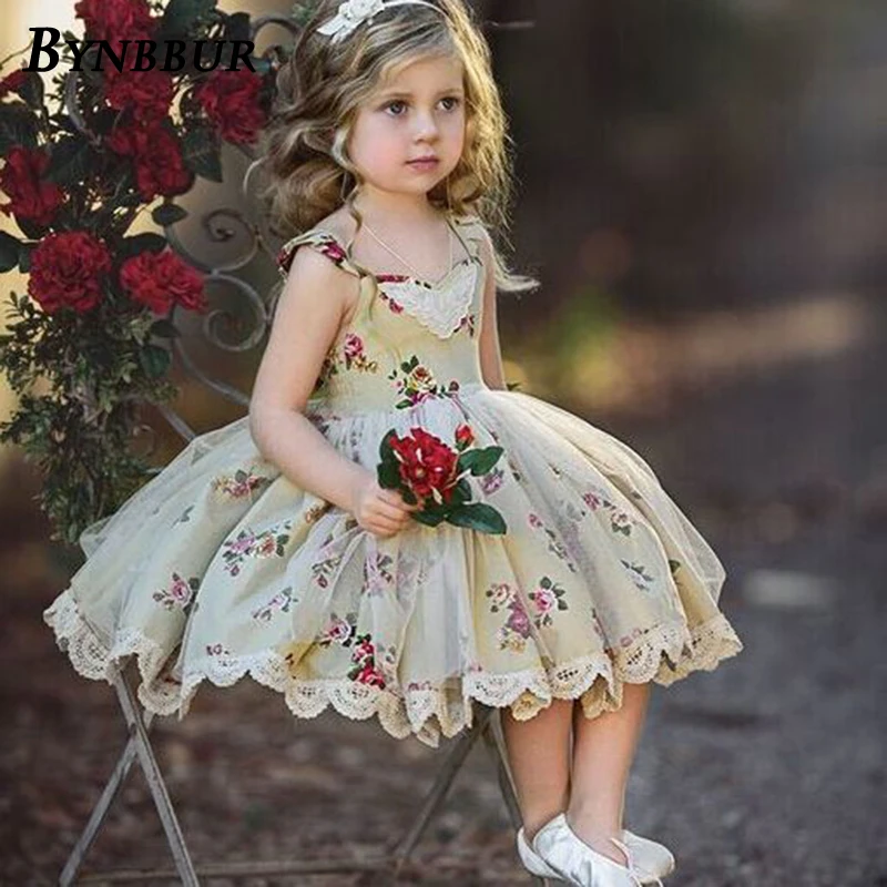 Bynbbur Mesh Lace Patchwork Floral Print Dress Girls Party Dress Sleeveless Cute Baby Backless Kid Girl Mini Dress 2019 Summer