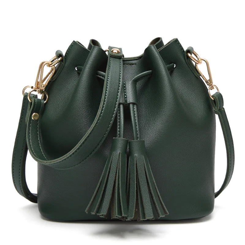 

String Crossbody Bags for Women Mobile Phone Bag Bucket Shoulder Package Tassels Party Shopping Work PU Leather Bag Green